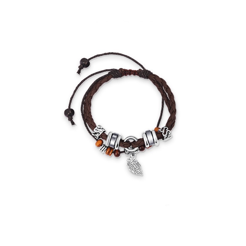 Tree leaf bracelet for men, multi-layer handmade woven leather bracelet simple student couple hand jewelry