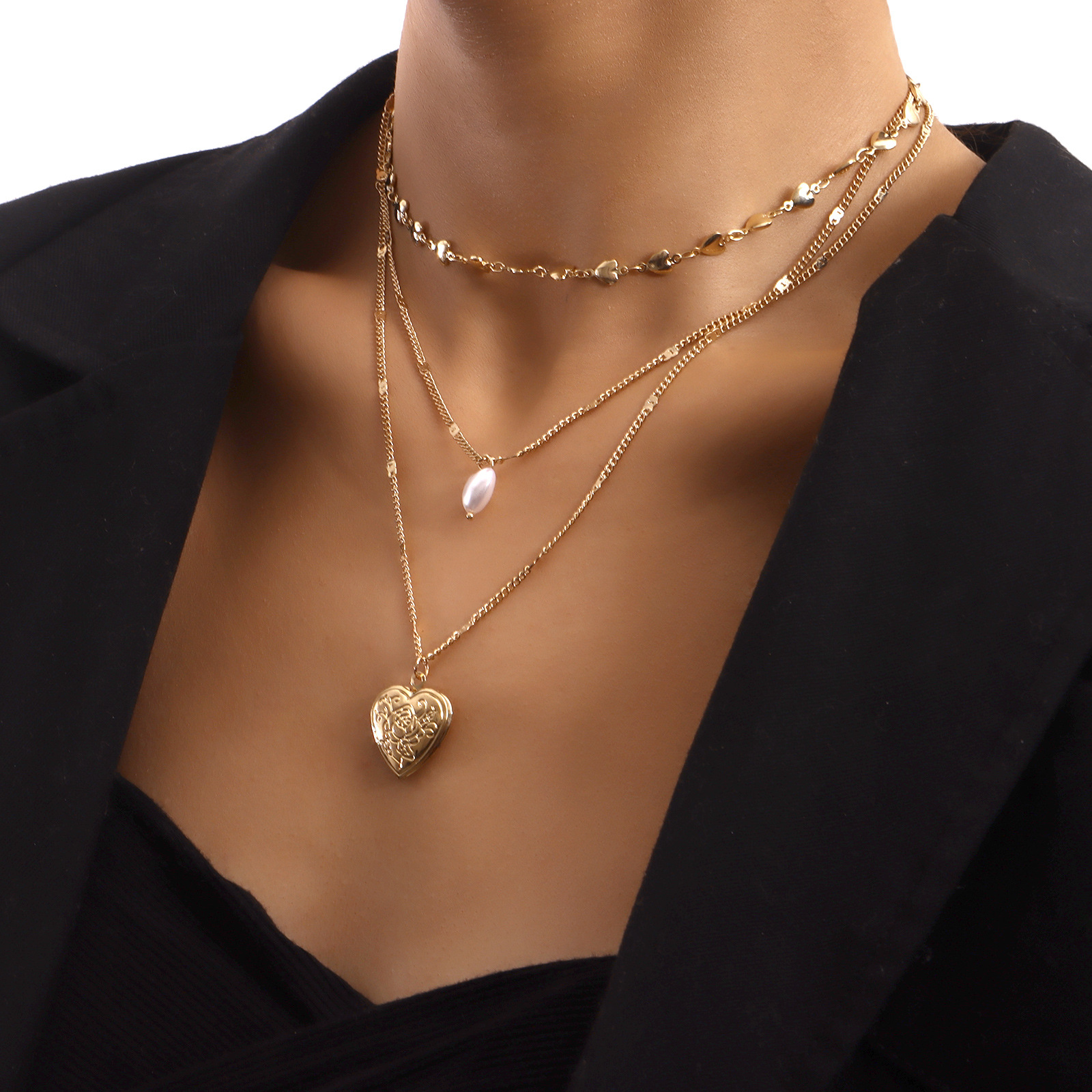 Accessories Multi-layer Love Chain Pearl Openable Heart Pendant Necklace for Women