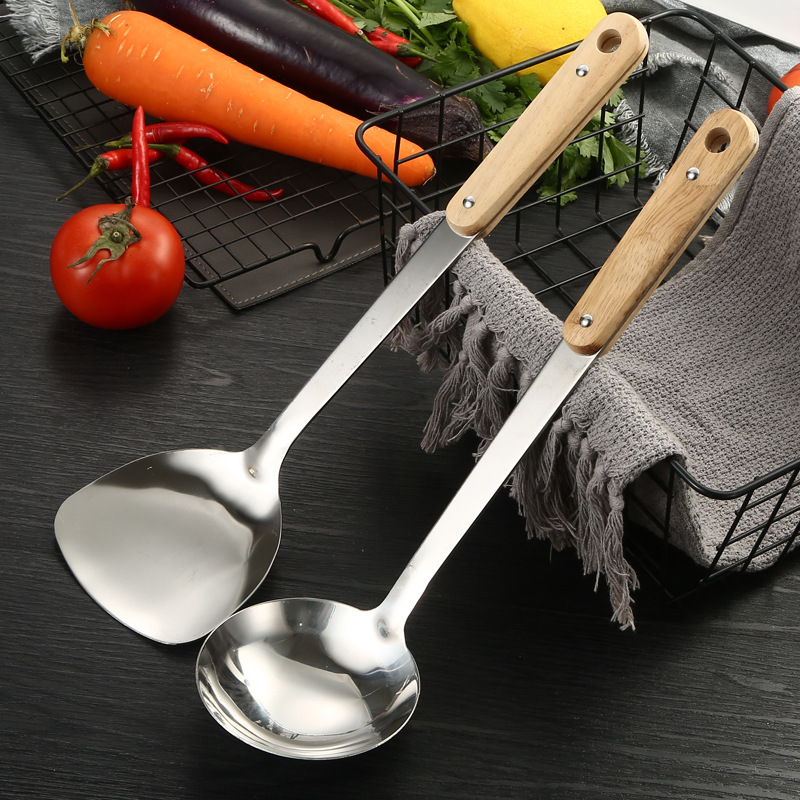 201 non-magnetic three-thick stainless steel soup spoon, solid wood handle spatula, stainless steel household stir-fry spatula, spoon kitchen set