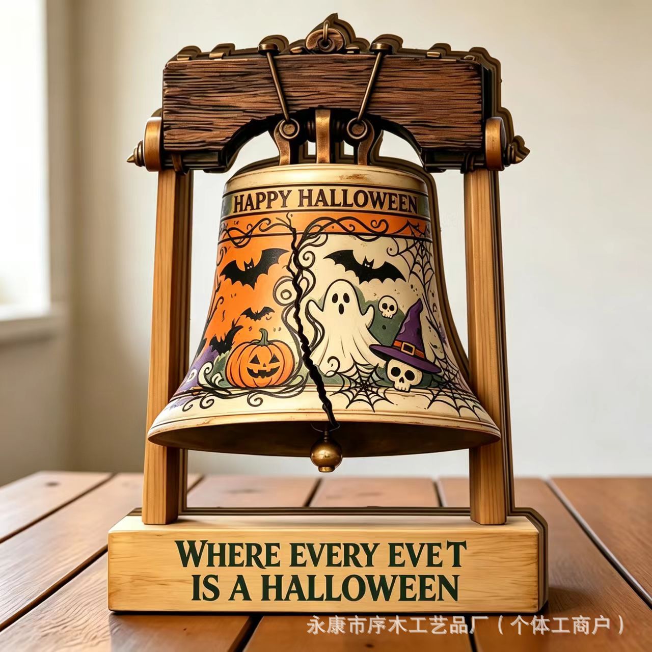 American Style Halloween Wooden Bell Ornament Distressed Tabletop Decoration Ghost Pumpkin Halloween Holiday Craft Ornament