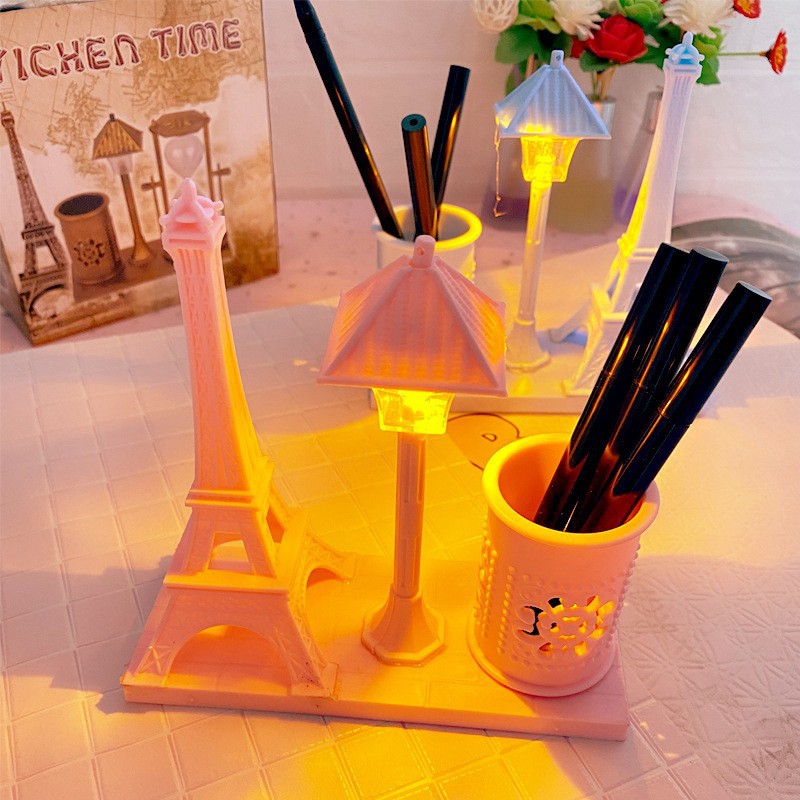 Antique Flowing Sand Street Lamp Pen Holder Student Gift White Sand Hourglass Color-Changing Night Light Ornament