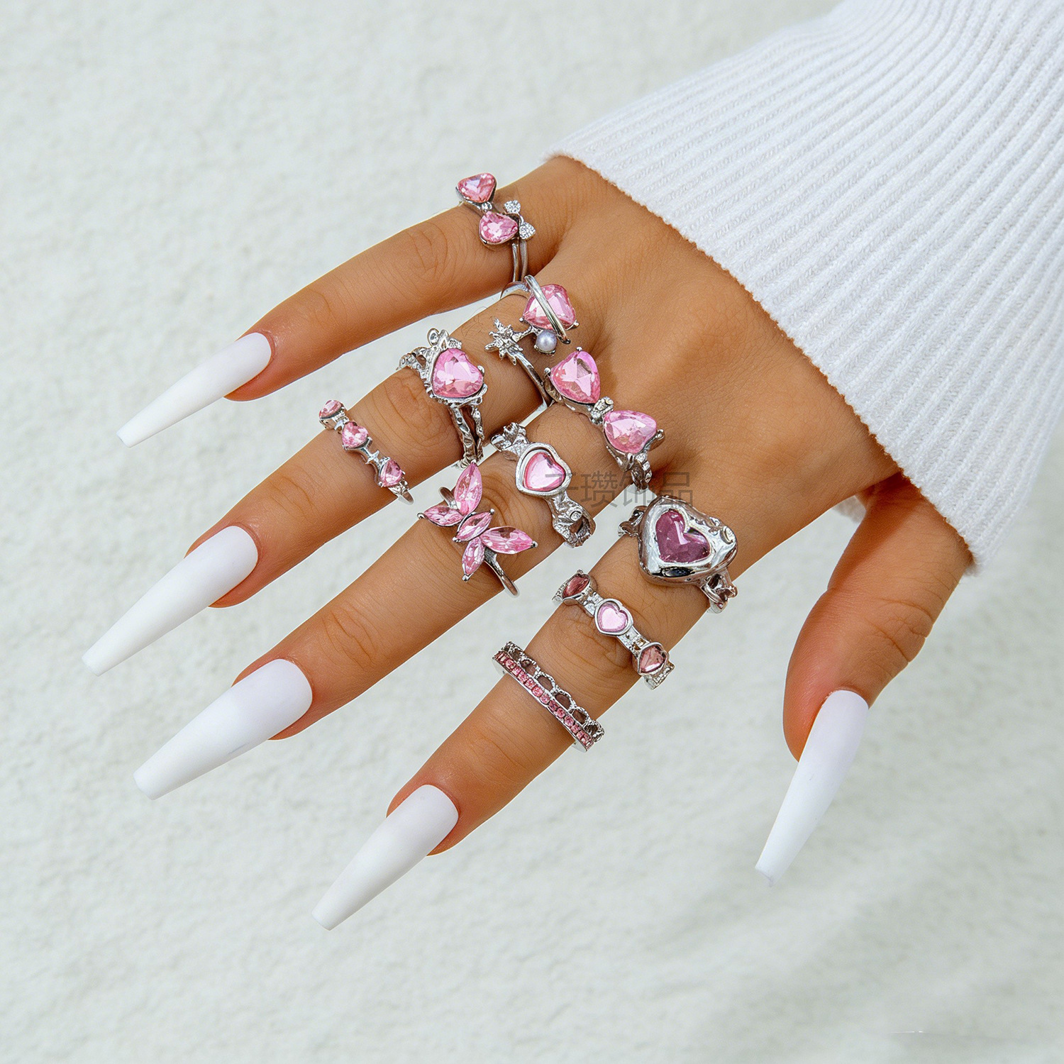 Pink Heart Layered Ring Set Sweet Girl Style Rhinestone Butterfly Finger Ring Accessories
