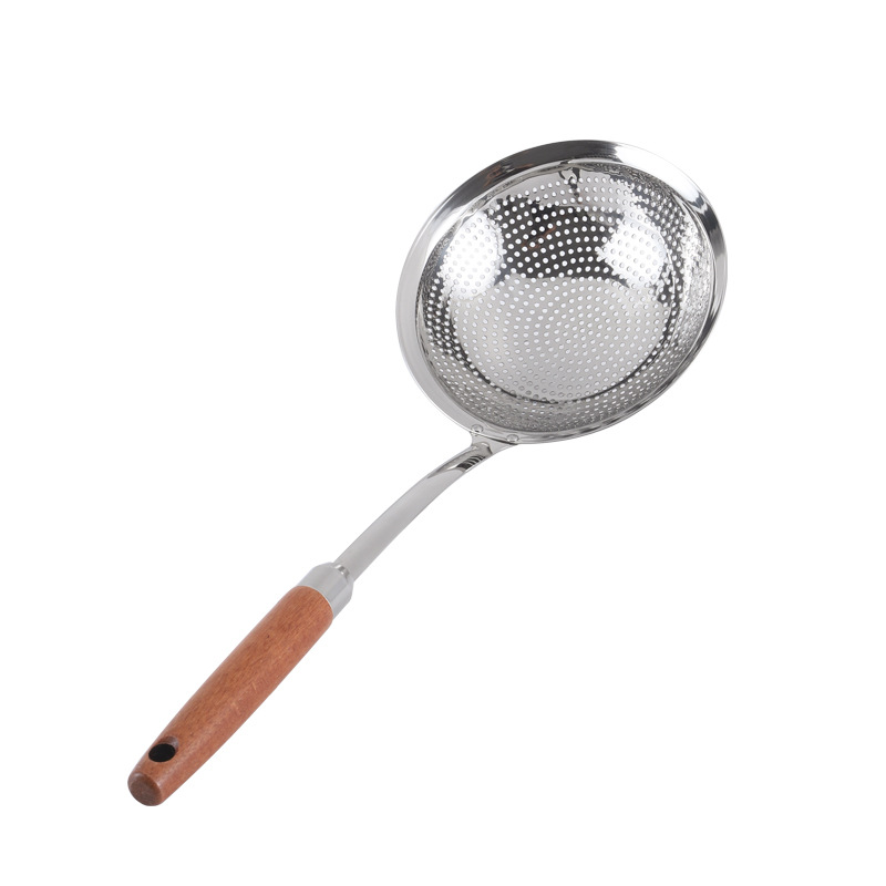 304 stainless steel beech wood handle large slotted spoon long handle hot pot frying skimmer/large size draining filter large slotted spoon kitchenware