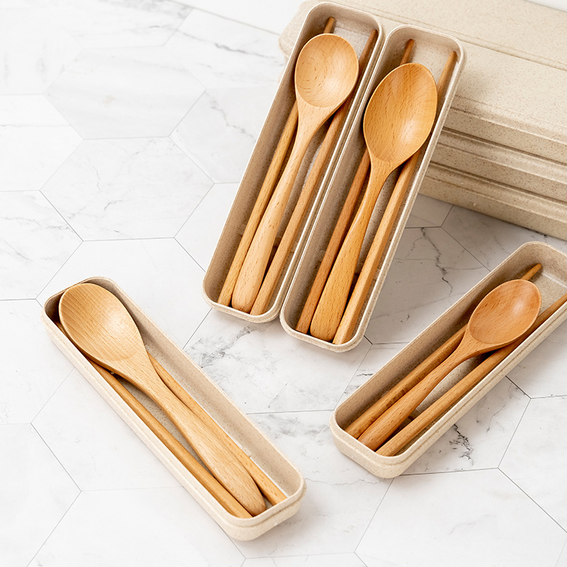 Zhiguang Long Handle Wooden Spoon Outdoor Portable Tableware Travel Set Public Chopsticks Spoon Three-piece Set Rice Noodle