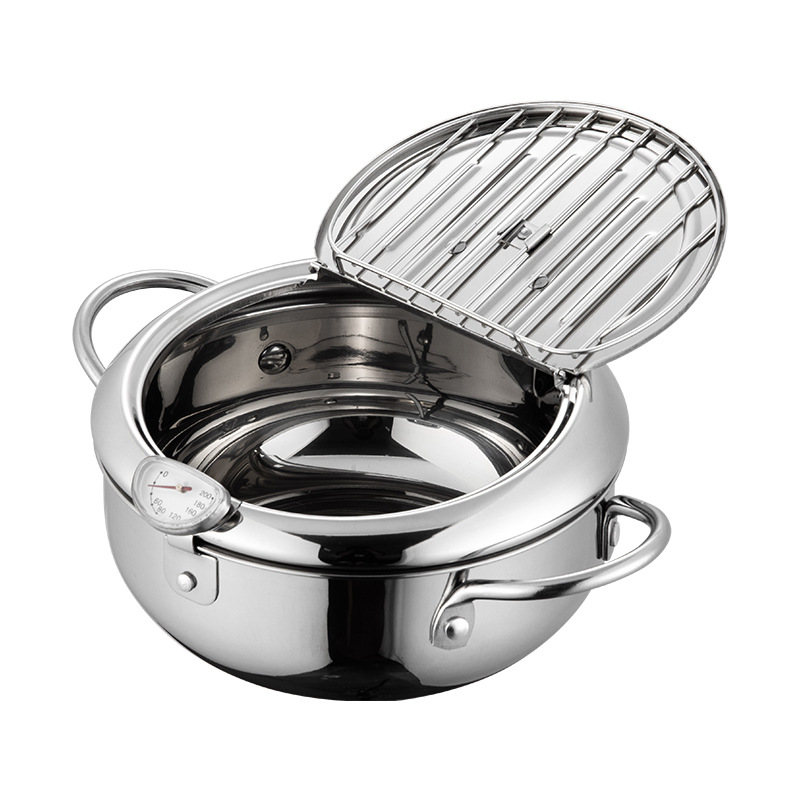 304 stainless steel frying pot with thermometer, temperature-controlled Japanese tempura pot, oil-saving pot for induction cooker and gas stove