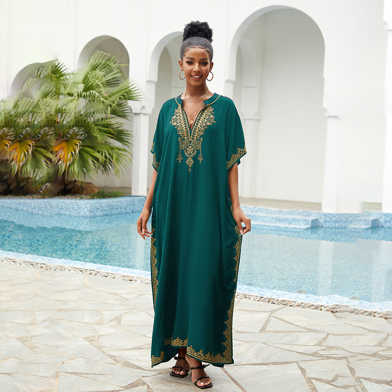 New Rayon Loose Plus Size Vacation Beach Cover Up Stand Collar Long Dress Women Bikini Cover Up Swimsuit Outer