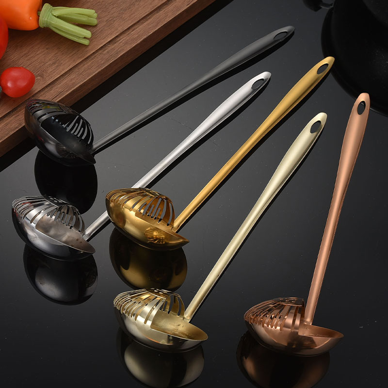 Gold Dual-Purpose Spoon and Strainer 2-in-1 Long-Handle Soup Spoon Filter Spoon Stainless Steel Hot Pot Integrated Spoon