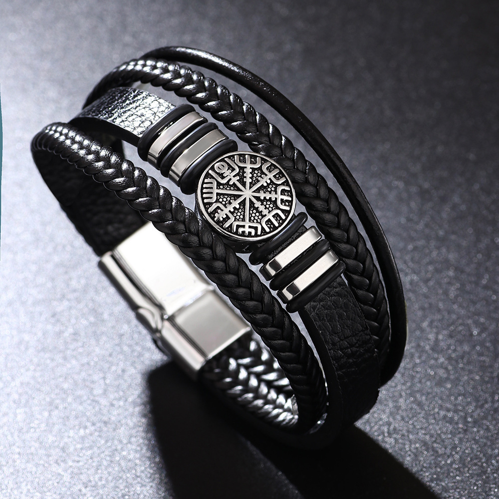 Woven Leather Rope Bracelet Punk Style Multi-layer Men's Bracelet Chain Compass
