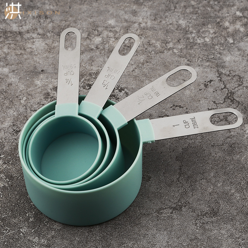 Stainless steel measuring cup and spoon set, plastic stainless steel handle measuring spoon 8-piece set with刻度 baking tool