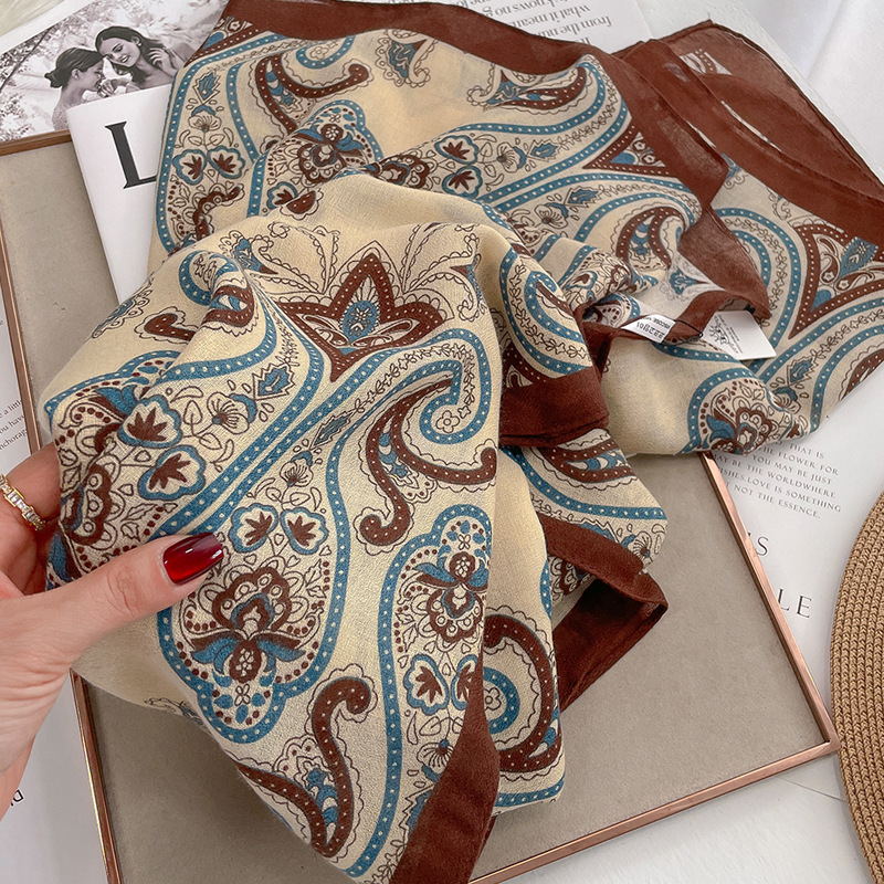 Beach scarf for women, autumn thin neck-protecting sunscreen large shawl, office air-conditioned room cotton-linen feel scarf for vacation