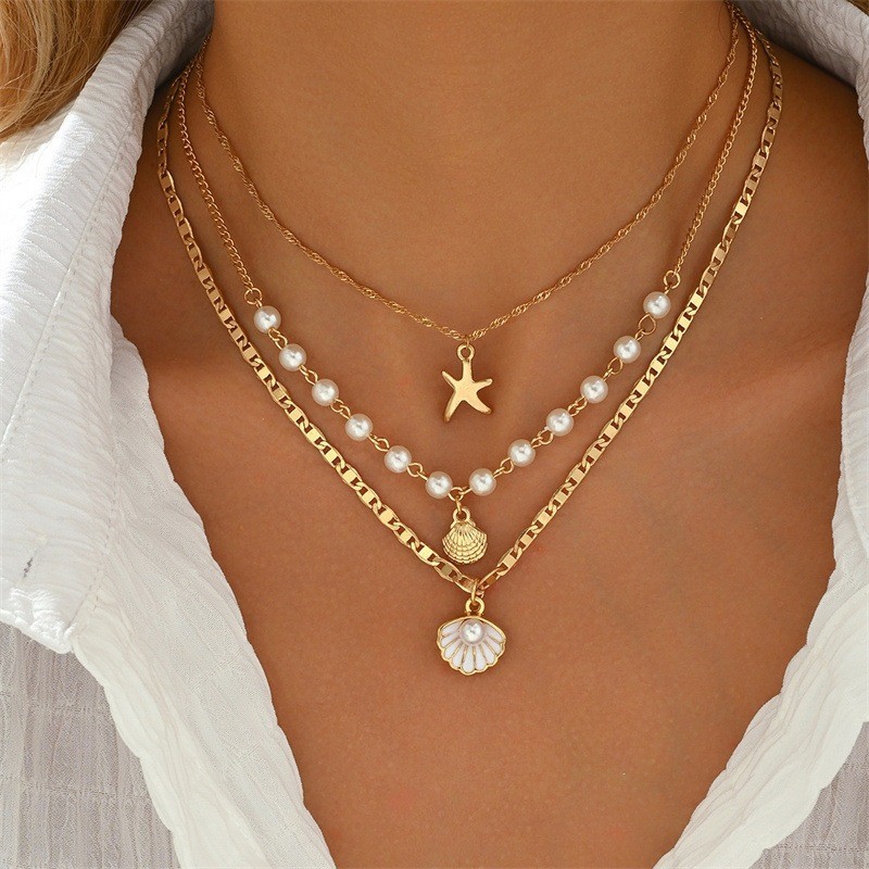 Cross Layered Pearl Necklace Beaded Pendant Collarbone Chain Women Commute Party Gift