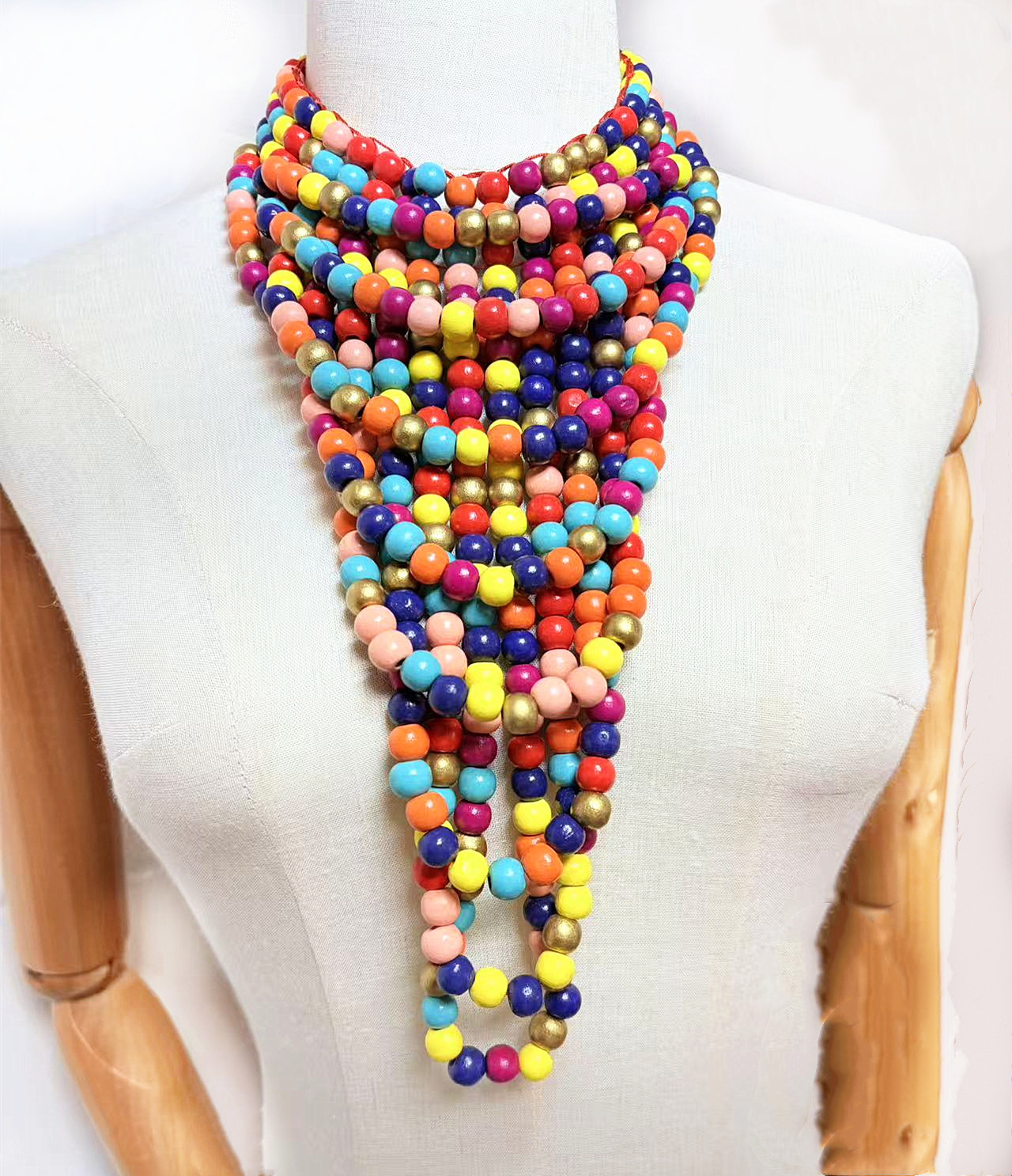 Ethnic style multi-layer colored wooden pieces bead necklace and earring set party accessories necklace