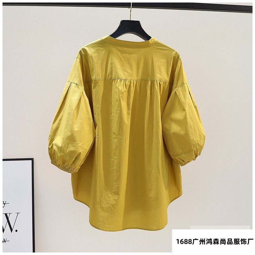 Summer Top Light Blue Stand Collar Lantern Sleeve Shirt Women Fresh Loose Casual Blouse