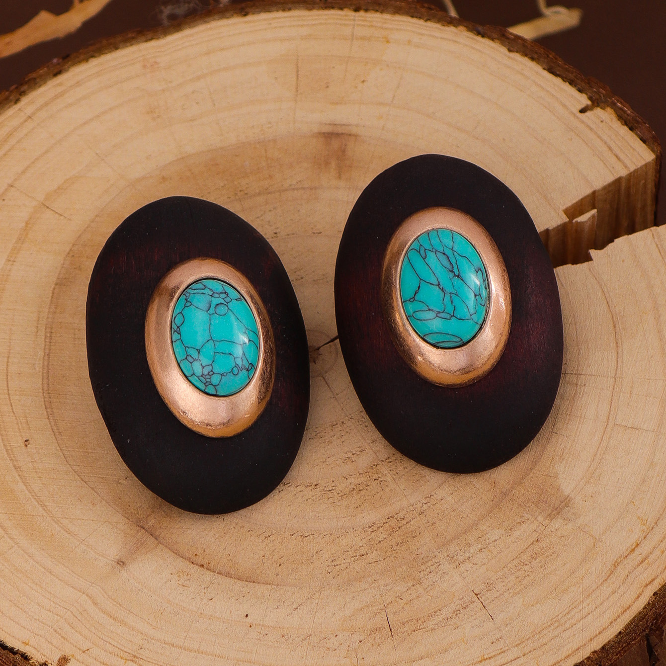 Original Design Wind Accessories Exaggerated Wood Oval Stone Metal Stud Earrings Women