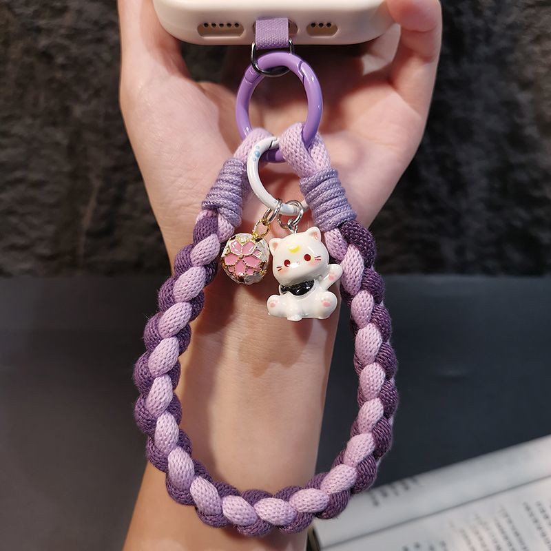 Hydrangea Phone Lanyard Hand Wrist Strap Black Brown Woven Cotton Rope Pendant Anti-Loss Phone Chain Women Cat Pendant