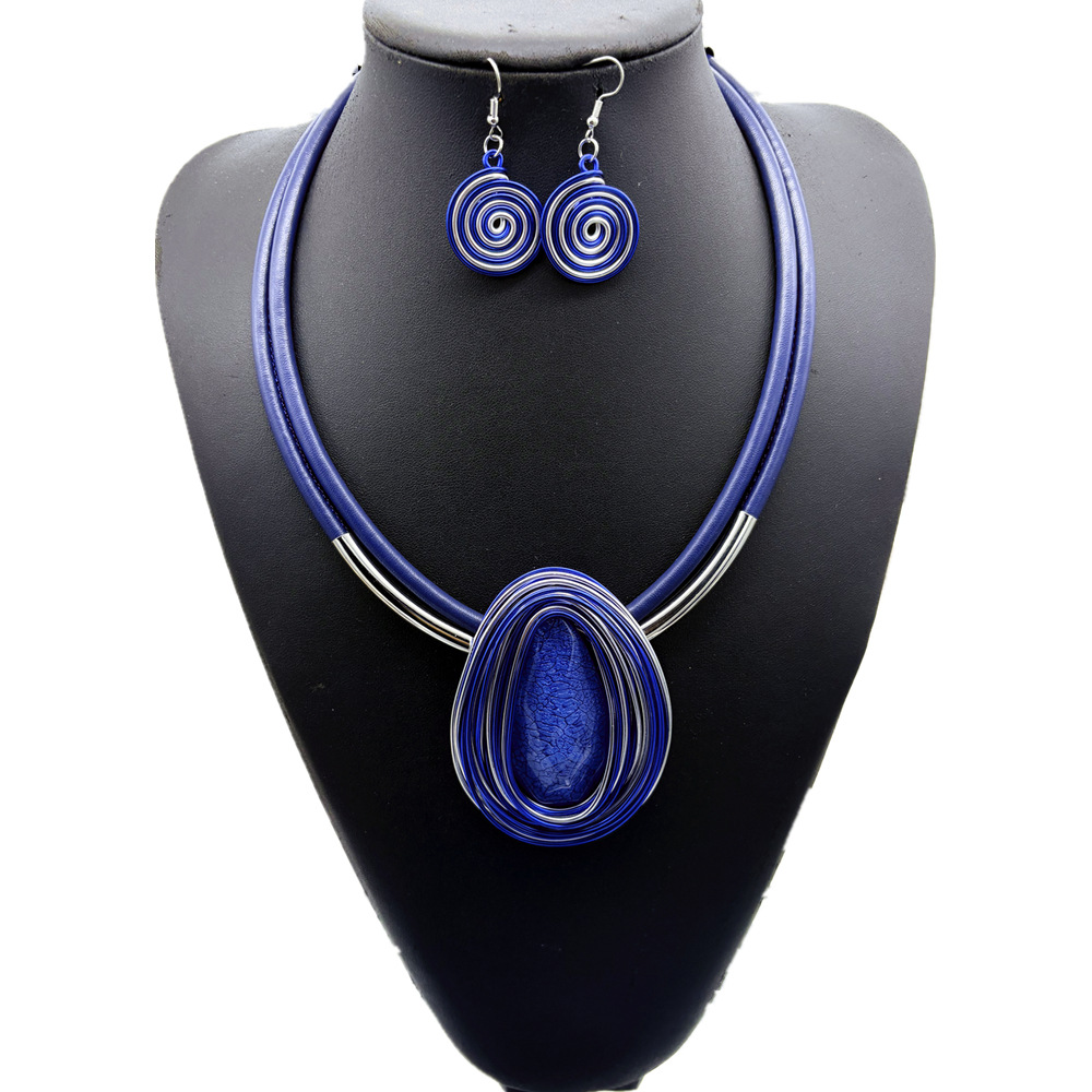 Spanish aluminum strip leather rope resin teardrop pendant necklace and earring set accessories necklace