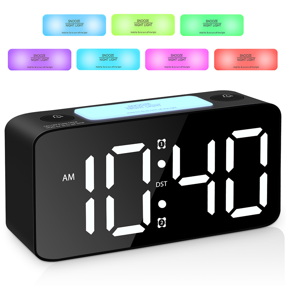 2020 RGB large character large screen large sound LED clock student alarm clock mirror clock table clock 15 color changing screen clock 10 minute alarm