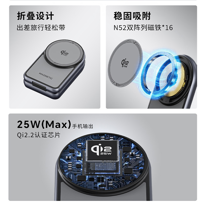 New 25W Fast Charge Qi2.2 Magnetic Foldable 3-in-1 Wireless Charger Desktop Phone Holder Wireless Charger