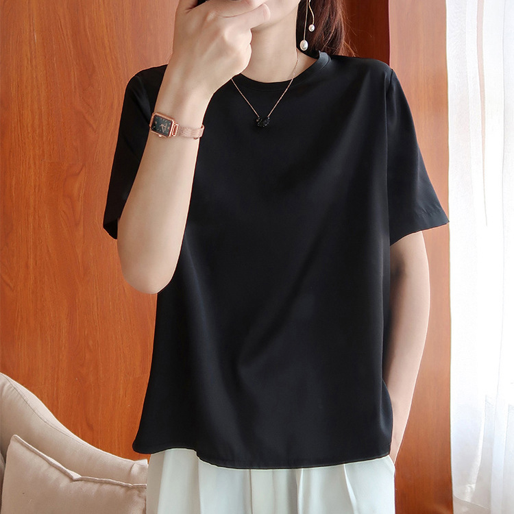 2026 Summer New S533 Loose Round Neck Heavyweight Silk Short Sleeve T-Shirt Satin Casual Top Women