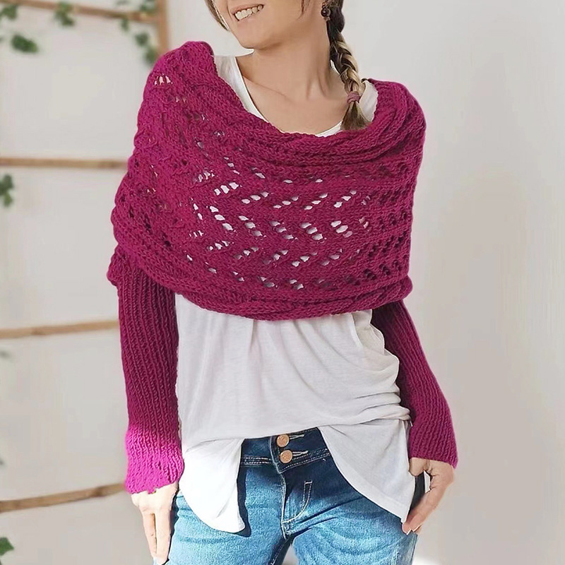 Cross off-shoulder beautiful knitted hollow long-sleeved double-sleeve shawl outer cardigan women