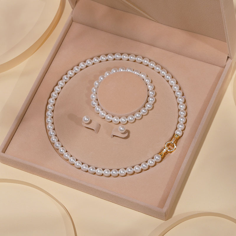 Natural Deep Sea Mother-of-Pearl Bead Pearl Necklace Clavicle Chain Jewelry Set for Women Three-Piece Mother's Day Gift
