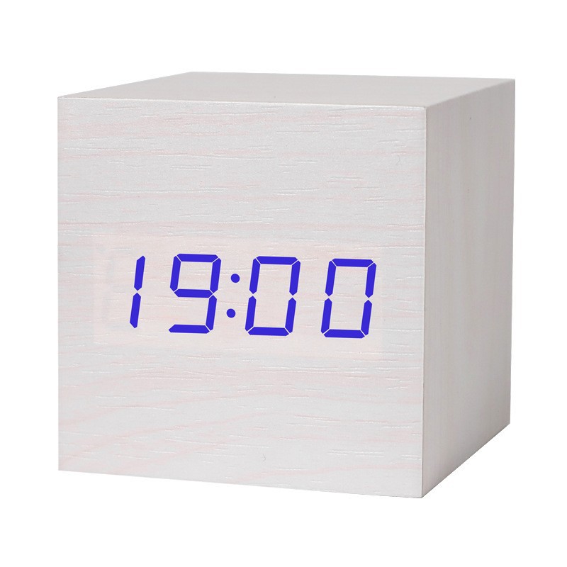 LED smart voice-controlled wooden clock, square compact digital display temperature and humidity electronic alarm clock, multi-color electronic clock