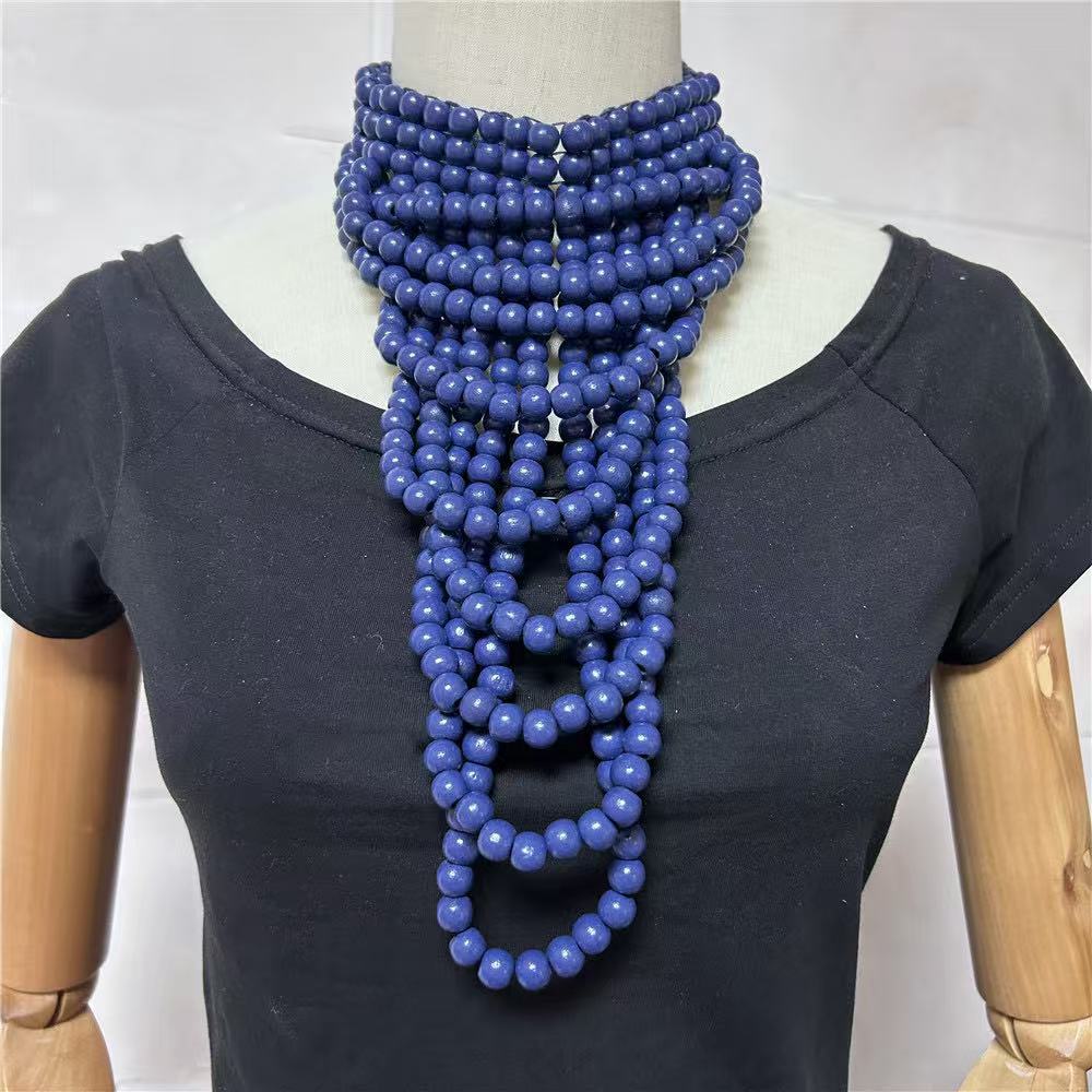 Ethnic style multi-layer colored wooden pieces bead necklace and earring set party accessories necklace