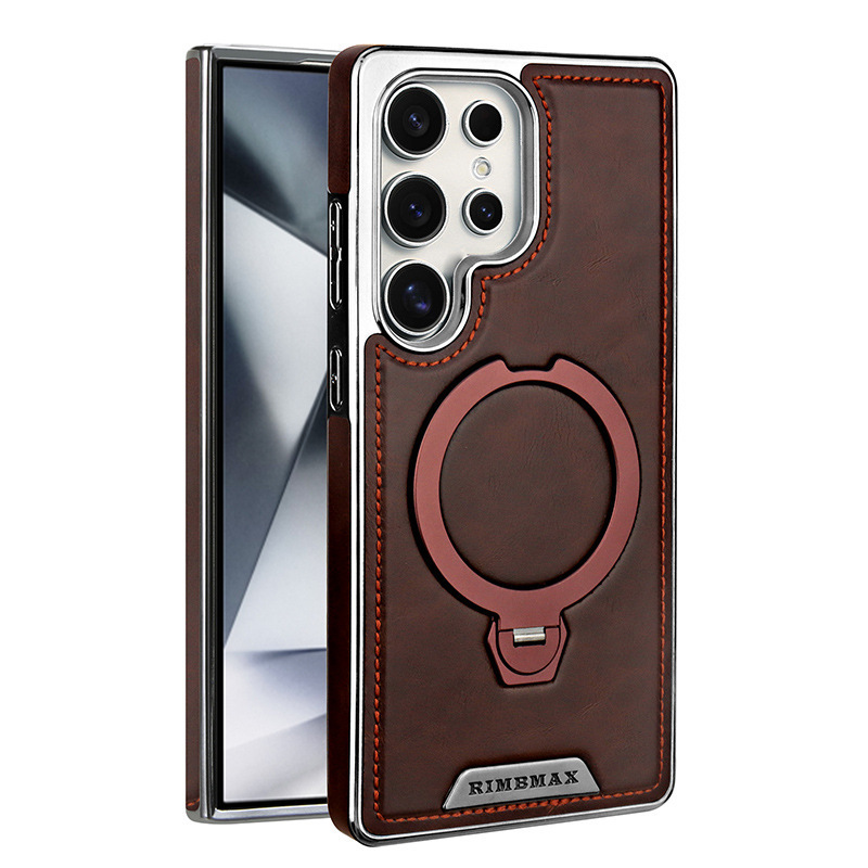 For Samsung S26Ultra Phone Case 360 Rotating Magnetic Bracket Leather Texture S25/S24 Plus Full Coverage