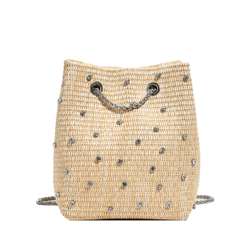 Straw bag women 2025 summer new pearl rhinestone chain bucket bag vacation style woven bag