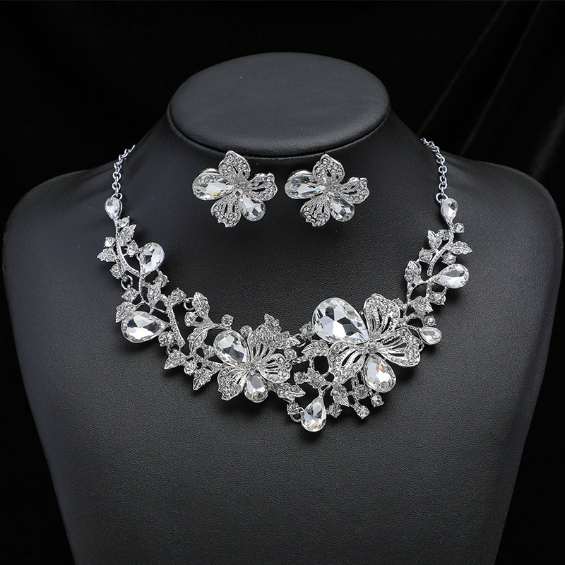 Exaggerated Necklace Earring Set Women Alloy Chain Flower Bride Accessories
