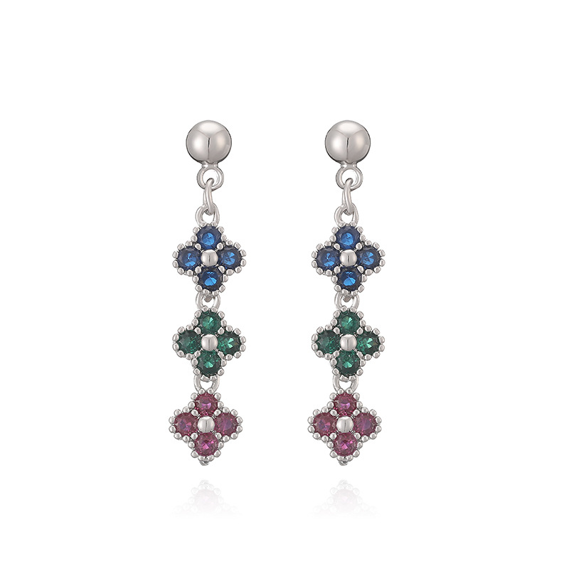 Copper Inlaid Colorful Diamond Four-Leaf Clover Stud Earrings Unique Flower Petal Earrings