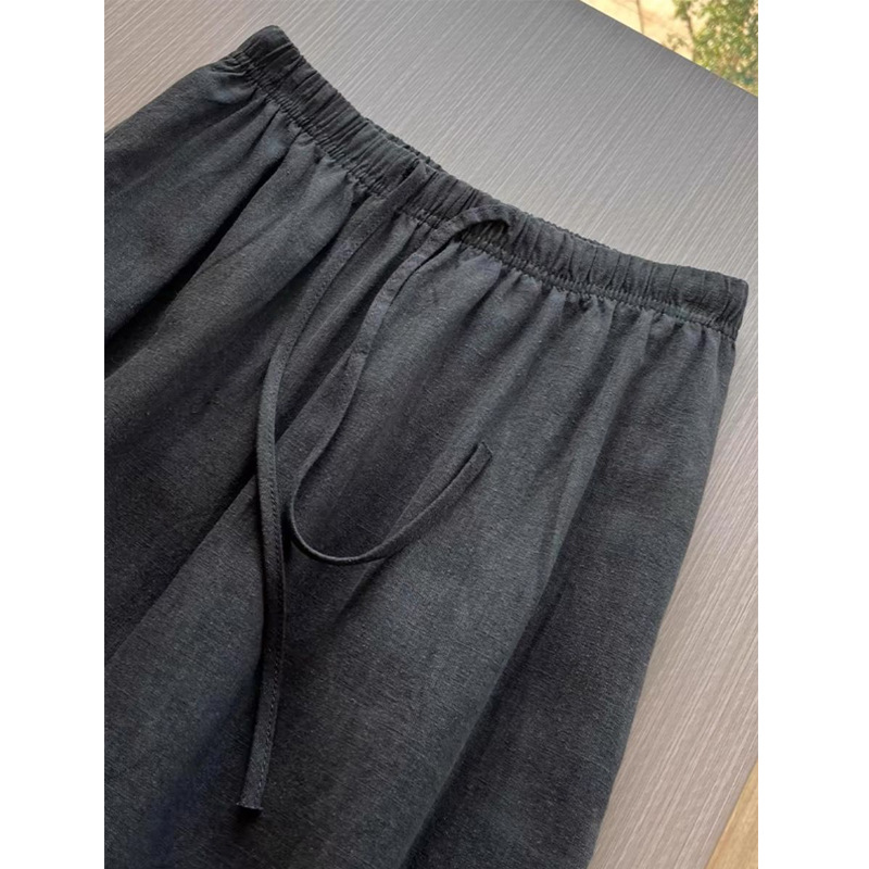Super Hot! Old Money Relaxed Style~ Charcoal Black Elastic High-Waist Drawstring Linen Cotton-Linen Wide-Leg Pants