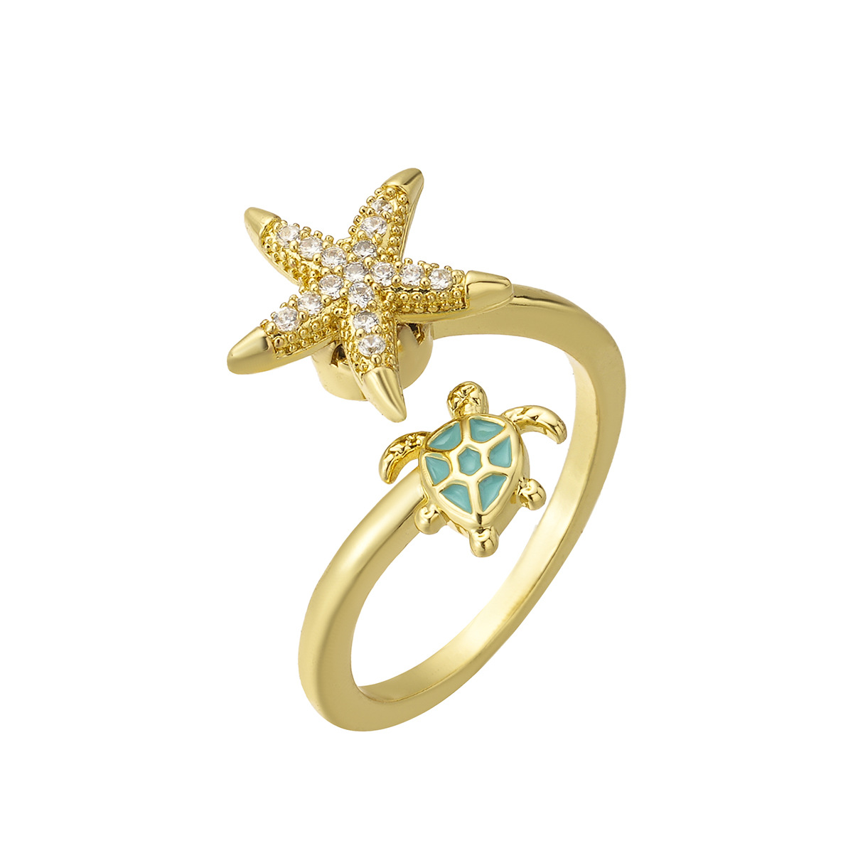 Rotating Stress-Relief Open Ring Jewelry Copper Set with Zircon Starfish Turtle Ladybug Heart Jewelry