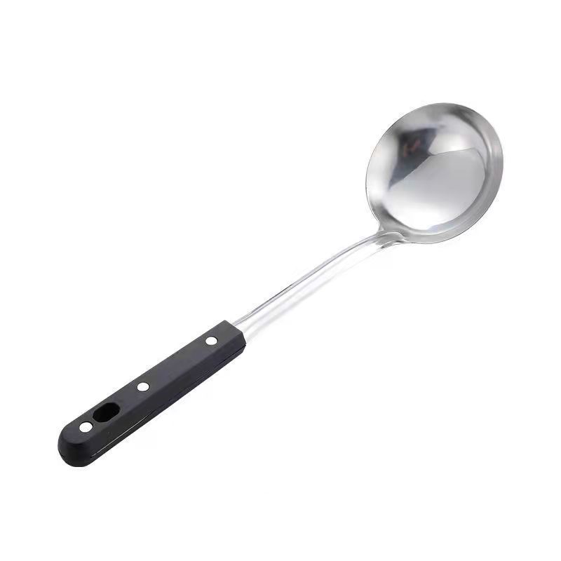 Stainless steel long-handled slotted spoon, soup spoon thickened kitchen set, slotted spoon handle, stir-fry spatula household black three-nail handle