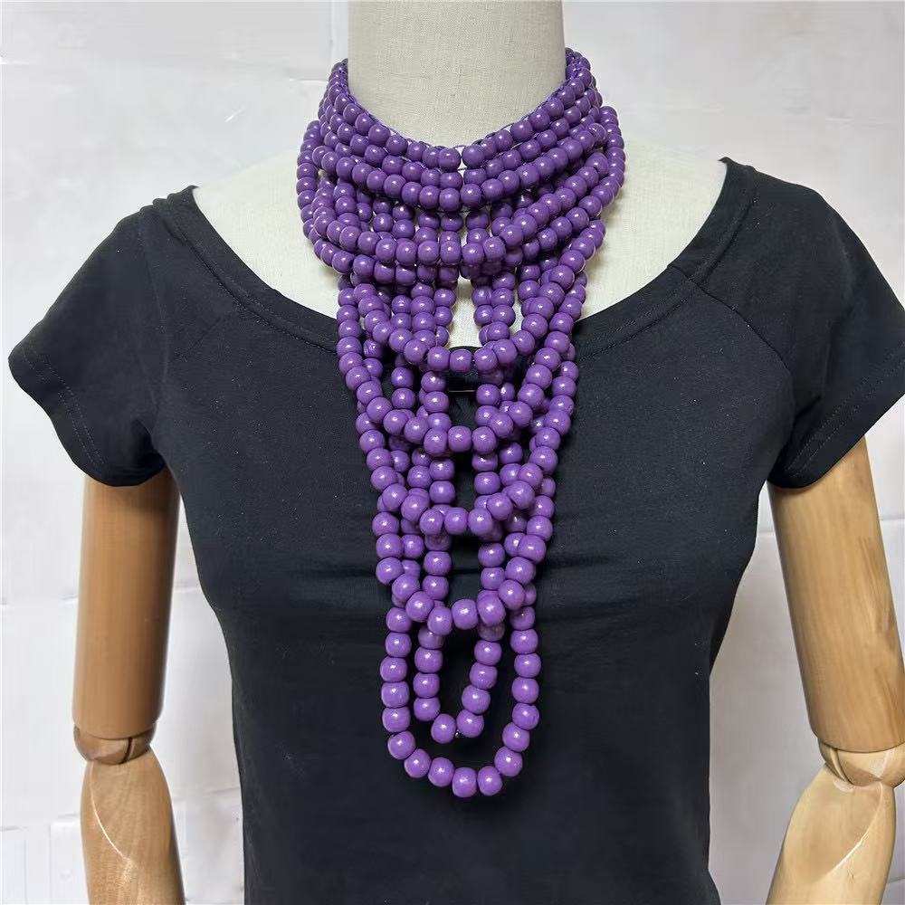 Ethnic style multi-layer colored wooden pieces bead necklace and earring set party accessories necklace