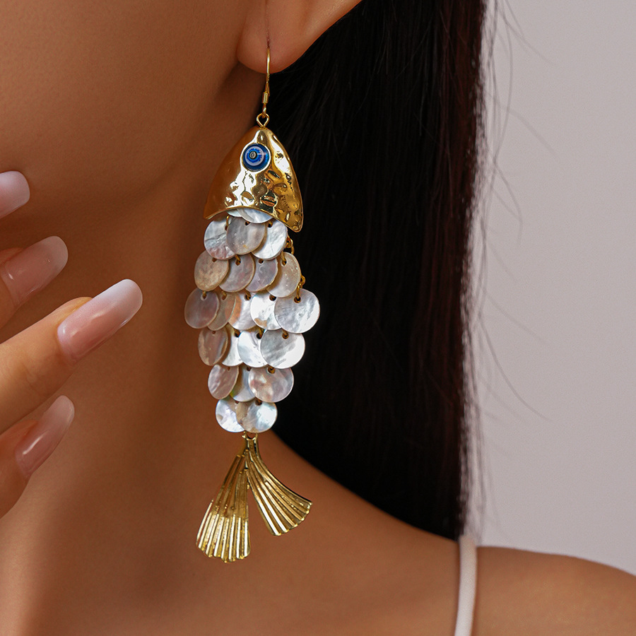 Fish-Shaped Shell Tassel Ear Hook Beach Vacation Style Earrings for Women