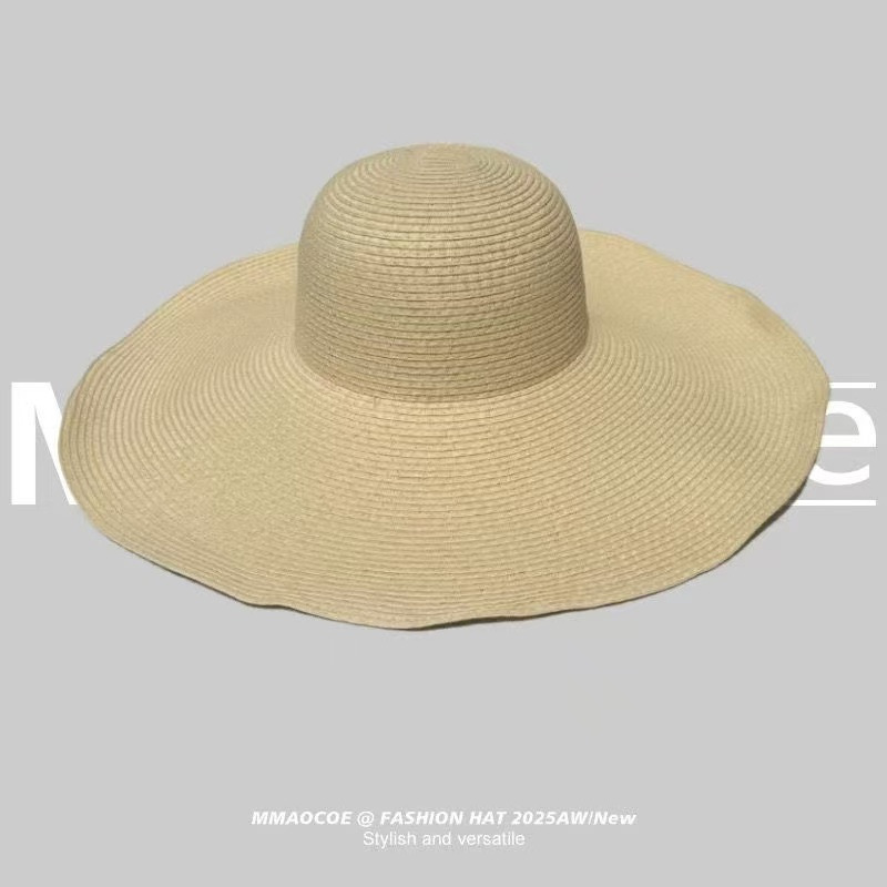 Flat Top Woven Straw Hat for Women, Sweet Beach Sun Protection Fisherman Hat, Wide Brim, Face Slimming Basin Hat