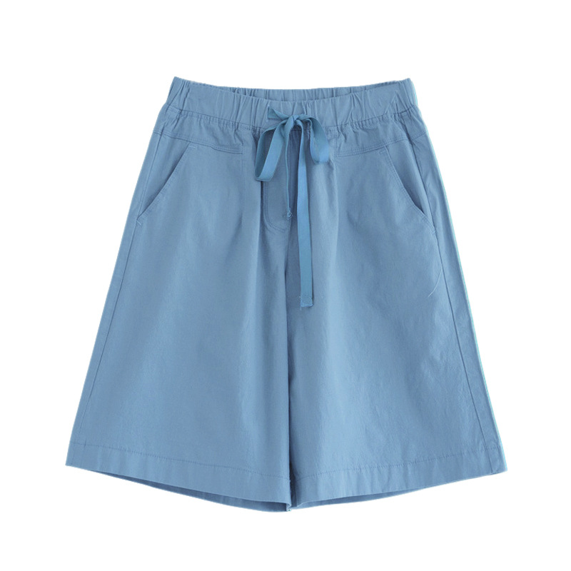 Spring and summer women mid-waist wide-leg five-tenths casual pants cotton spandex mid-elastic commute 200 jin women
