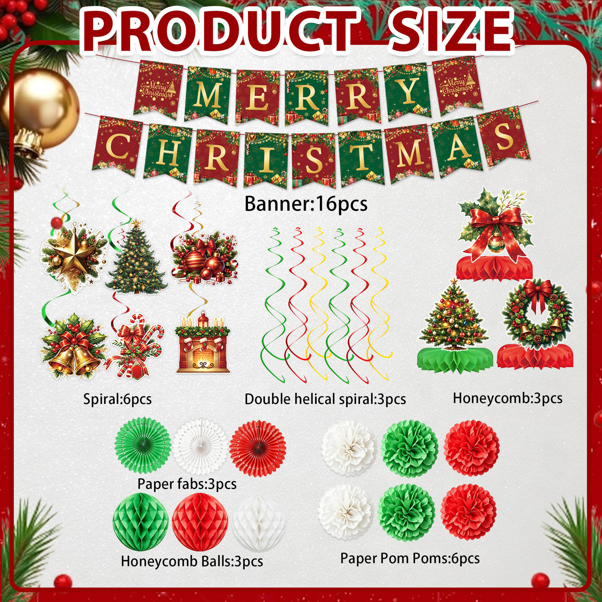 Christmas Holiday Ceiling Decoration Set Christmas Bunting Flag Paper Fan Flower Honeycomb Ball Spiral Pendant Full Set