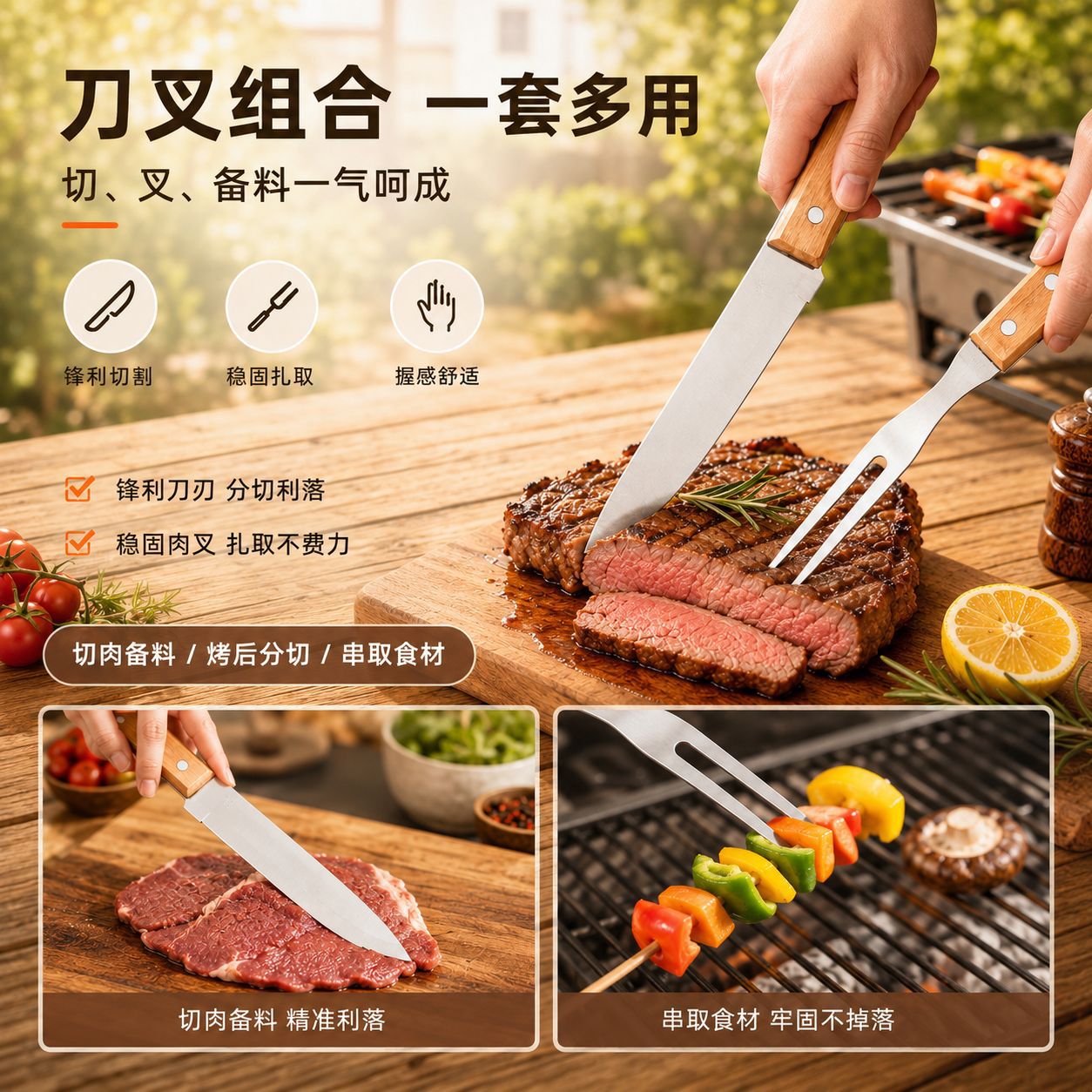 Stainless Steel Wooden Handle Outdoor BBQ Set Camping Portable Picnic BBQ Tools Home