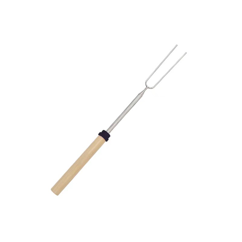 Zibo BBQ Festival Outdoor BBQ Stainless Steel Telescopic BBQ Fork U-shaped Wooden Handle BBQ Stick Roast Fork BBQ Skewer