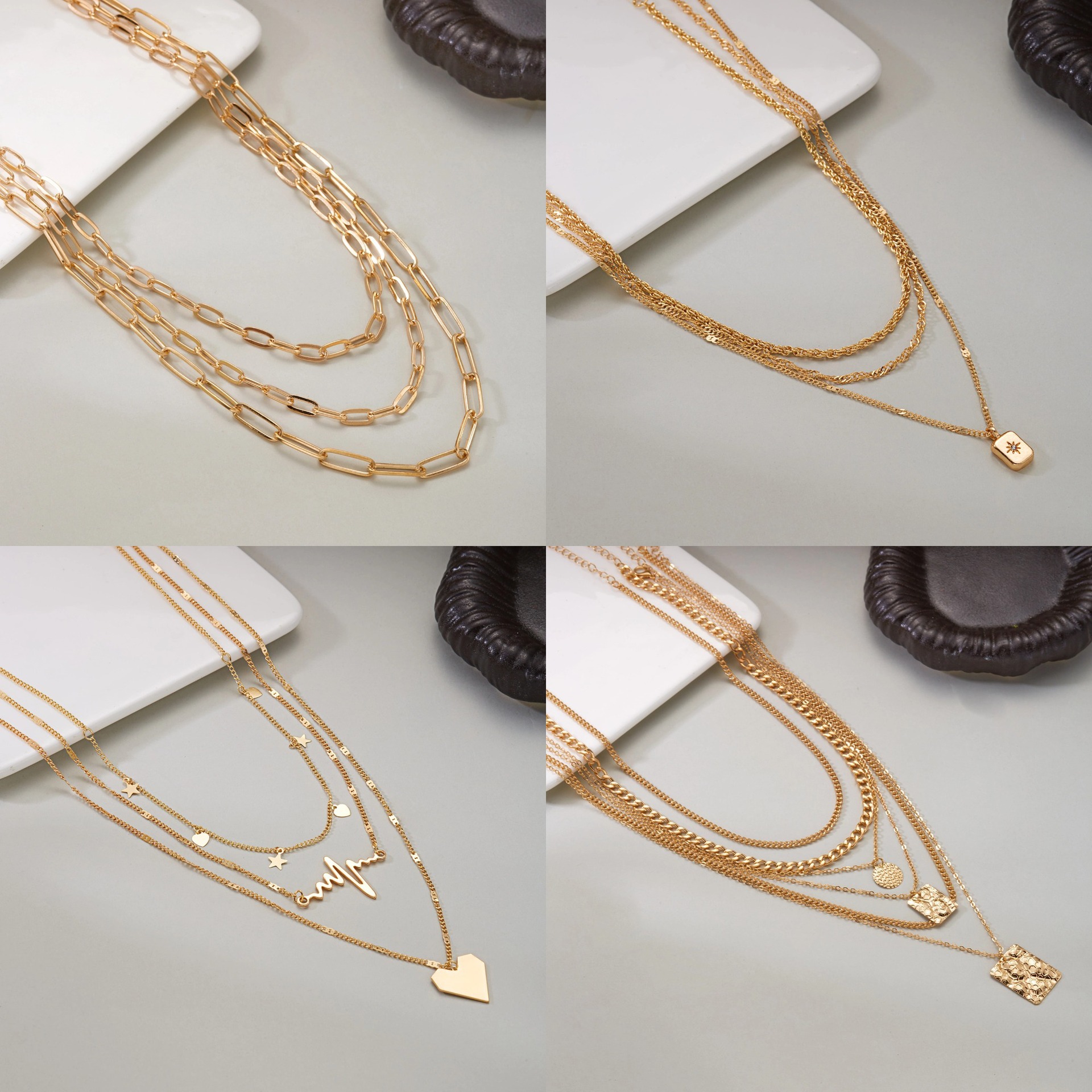 Simple Geometric Layered Necklace Gold Rhinestone Multi-layer Necklace Heart Square Plate Chain Layered 6-piece Set