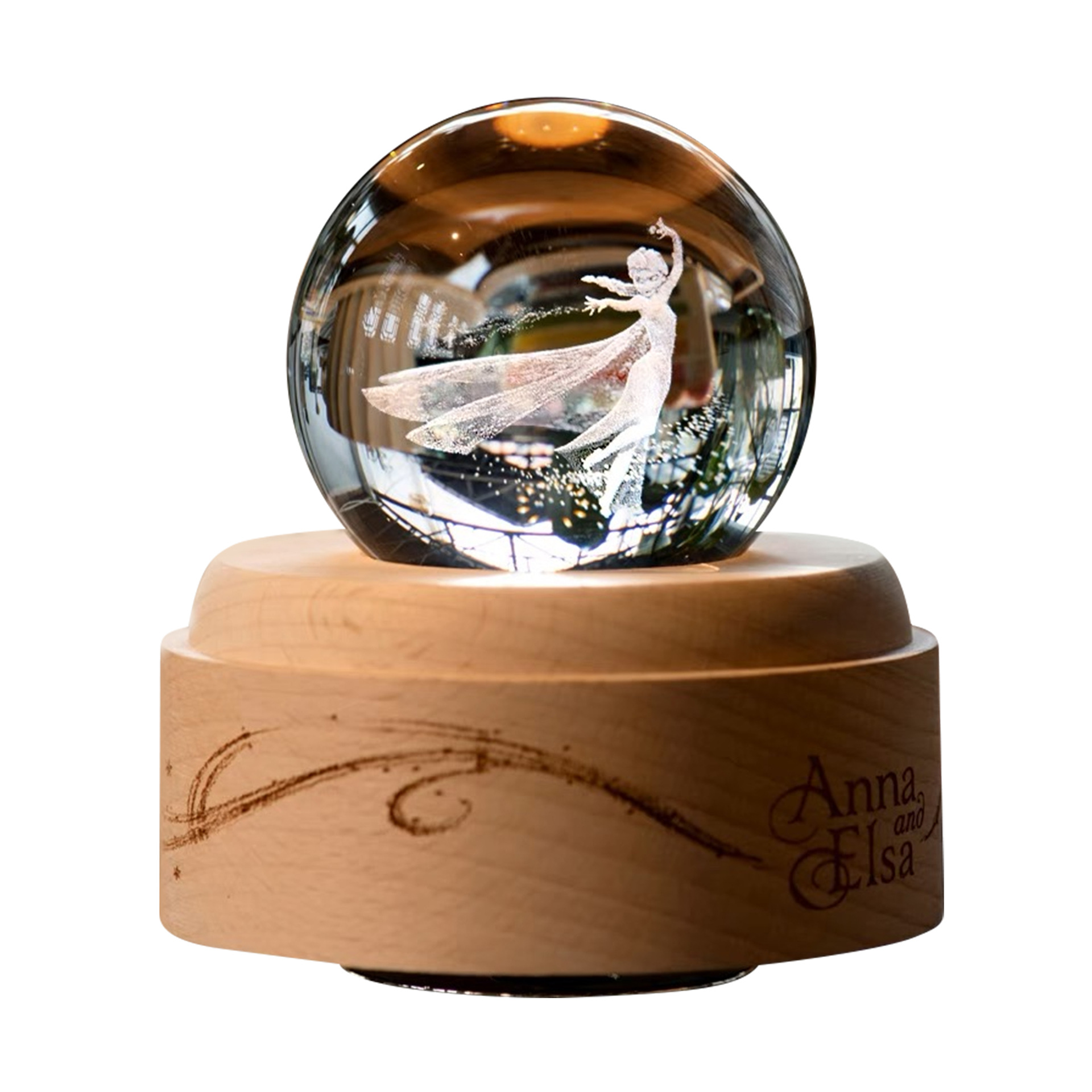 Frozen Crystal Ball Music Music Box Gift Princess Elsa Laser Engraved Inner Carving Night Light