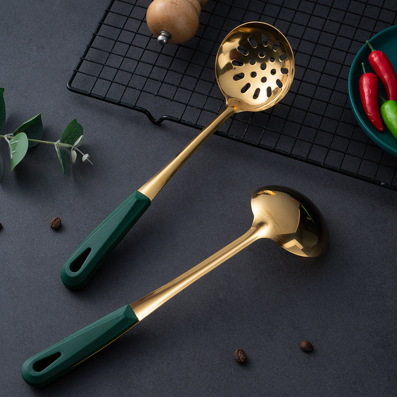 New 304 stainless steel soup spoon, soup slotted spoon, long-handled hot pot spoon, dark green gold-plated soup ladle kitchen set