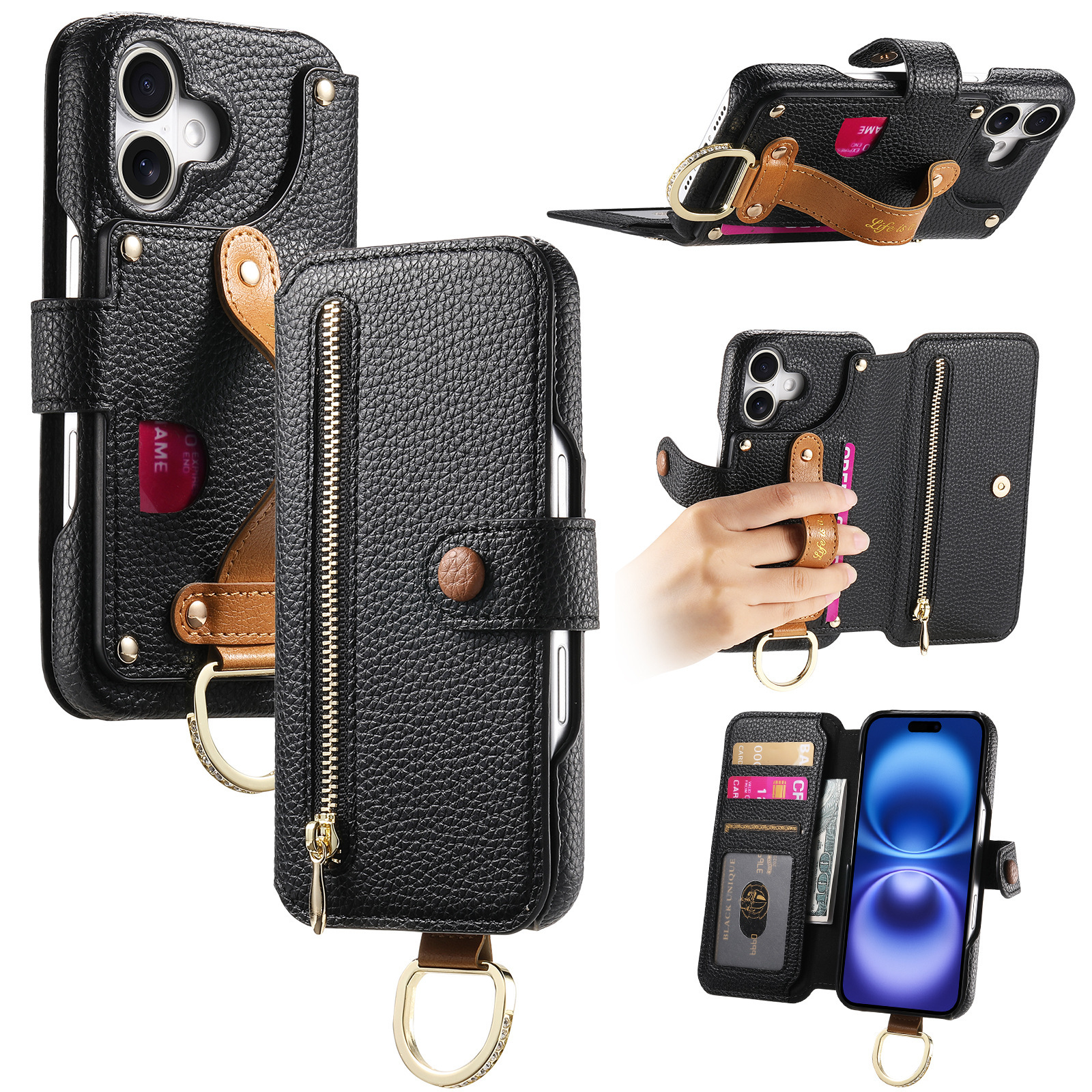 Leather grain plain leather back adhesive flip phone case for Apple 18 phone case card slot iPhone18 case