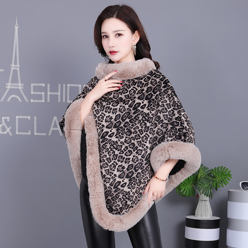 Pullover Street Pullover Poncho Fur Collar Non-Detachable Shawl Leopard Print Knit Fleece Poncho Fur Collar