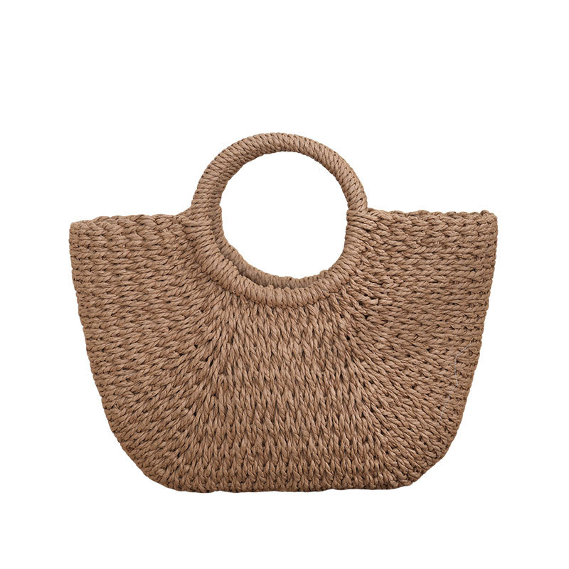 Small round bucket paper rope half-round bucket handbag, women's woven bag, beach bag, straw bag, vacation bag, straw woven bag, basket bag