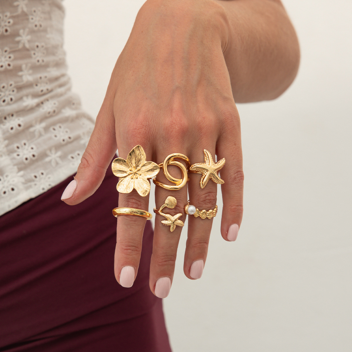 Ocean resort style conch shell ring set metal flower open ring for women