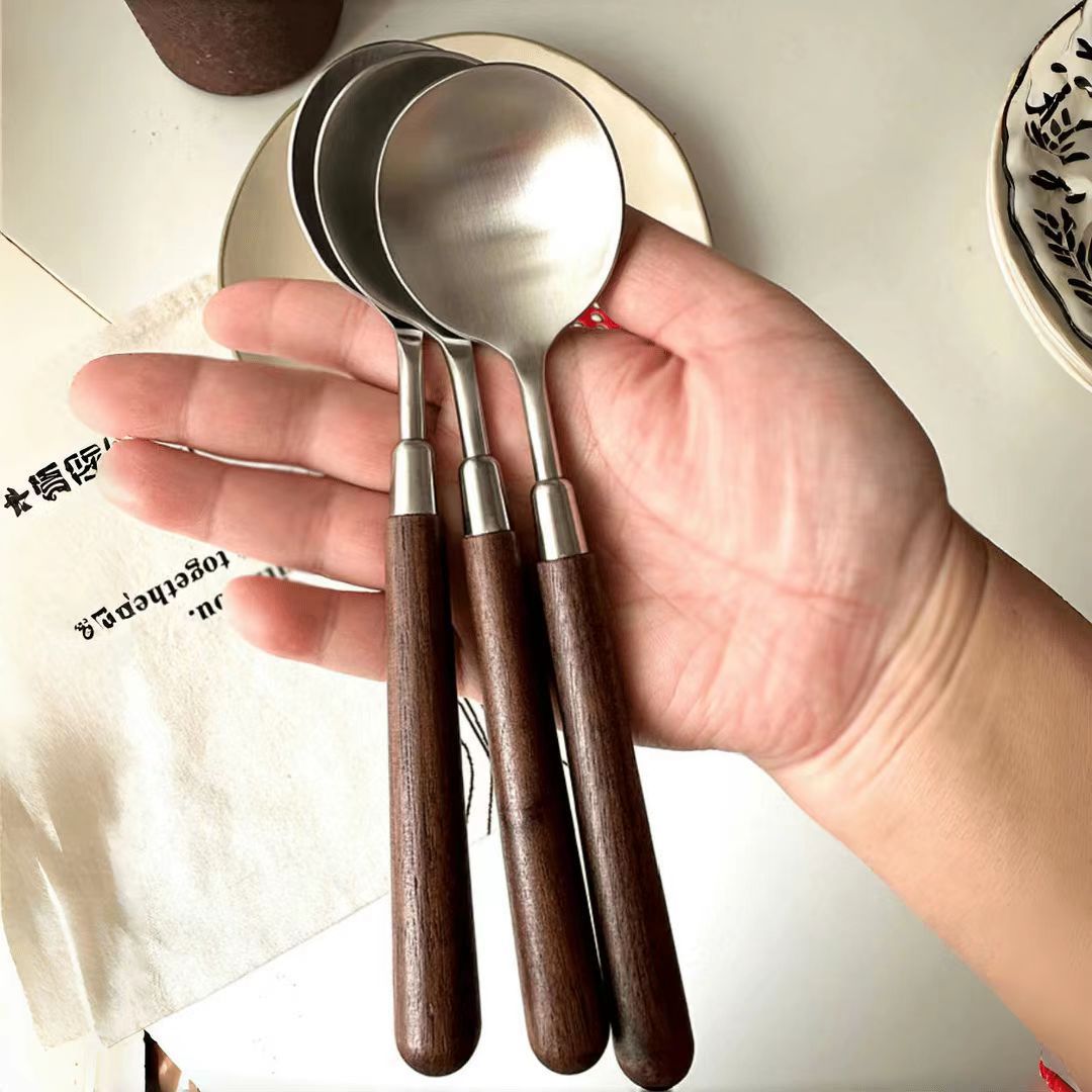 Stainless Steel Spoon Simple Texture Imitation Walnut Handle Set Household Western Tableware Rice Spoon Tableware