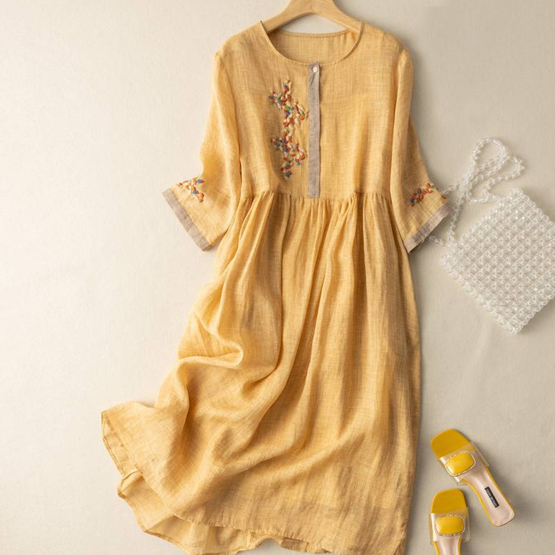 New Chinese style cotton-linen seven-point sleeve dress ethnic style summer loose middle-aged dress long dress